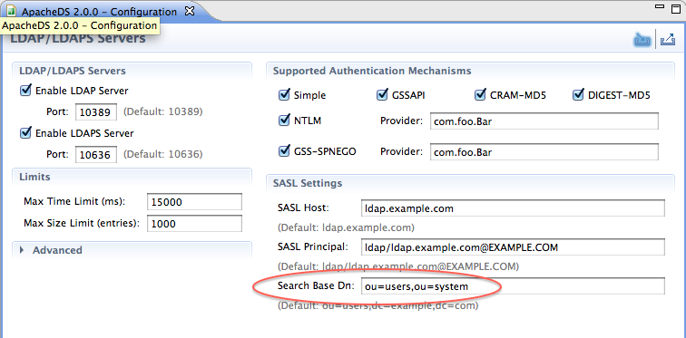 ApacheDS SASL searchBaseDn Configuration